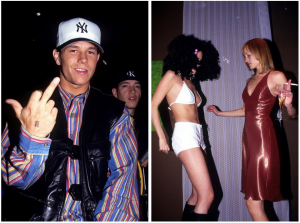 Levo: Mark Wahlberg kaže sredinca v kamero, Club USA, 1993. Desno: Amber Valletta in prijateljica plešeta na rojstnodnevni zabavi v Palladiumu, 1995.