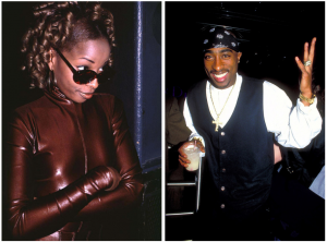 Mary J. Blige (levo) in Tupac Shakur (desno) žurata v Clubu USA, 1994.