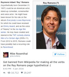 Članek o Rayu Romanu je poln hipotez.