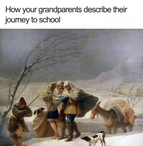 Ko stari starši razlagajo, kako so hodili v šolo.